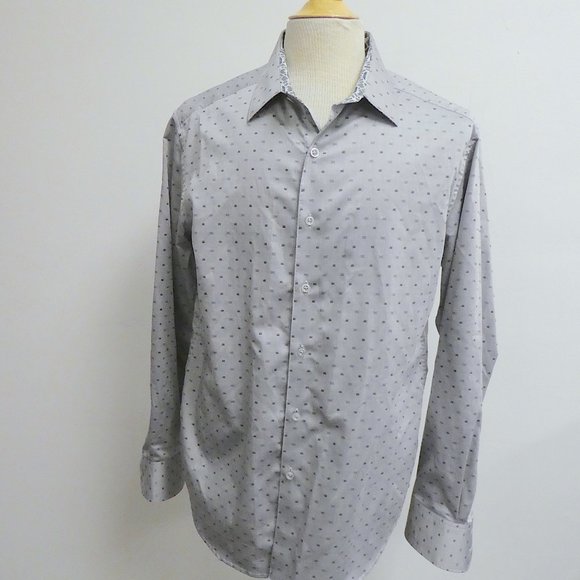 ROBERT GRAHAM gray black geometric shirt L contrast collar cuffs - Picture 2 of 7